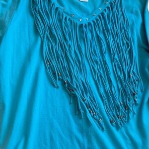 Back in the Saddle Western Studded Fringe Cotton Shirt Cowgirl L Fairy Aqua